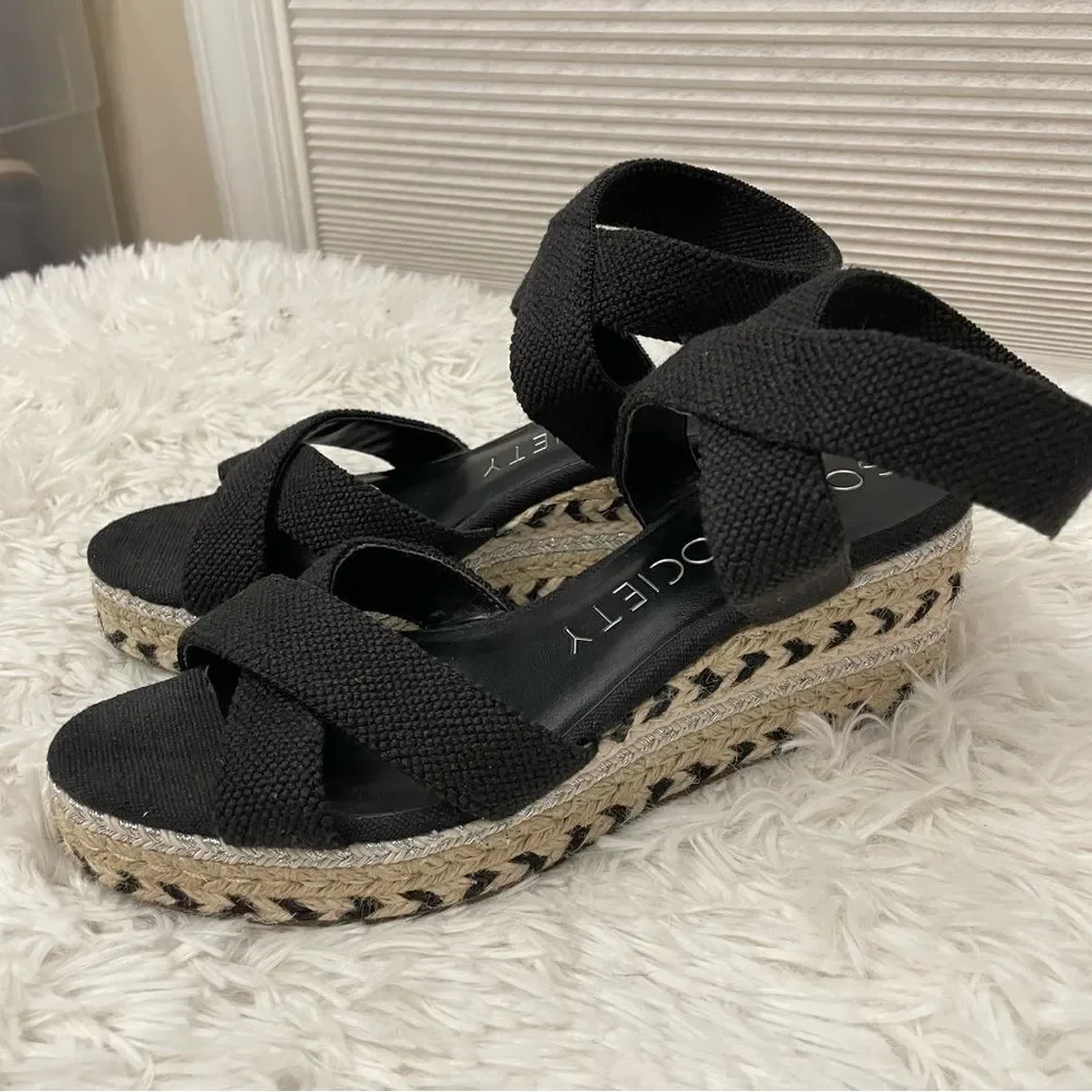 Sole Society Carmelina Espadrille Wedge Sandals Black Ankle strap Size 7.5M/ 38‎